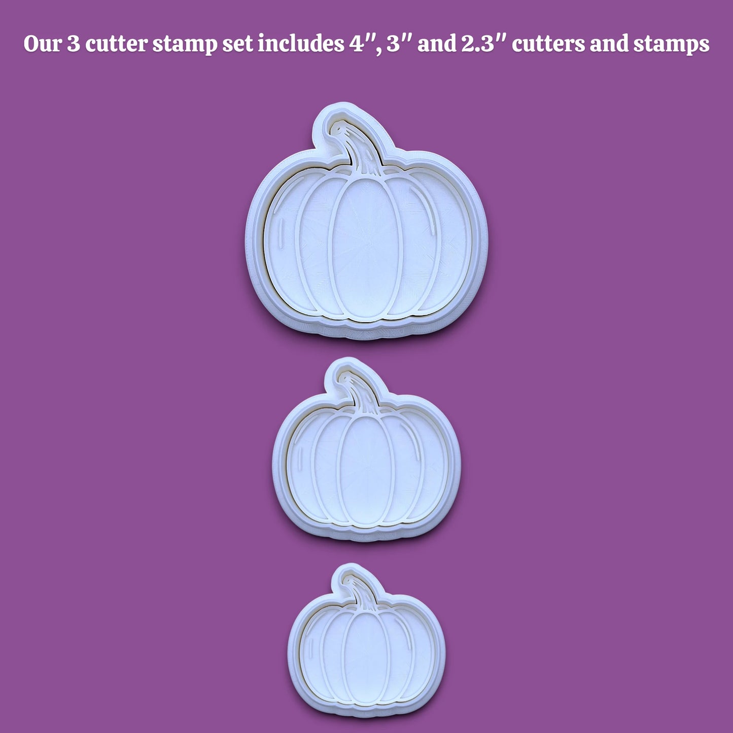 Customizable pumpkin cookie cutter and stamp set, perfect for fall, Halloween, and Thanksgiving-themed baking or crafts.