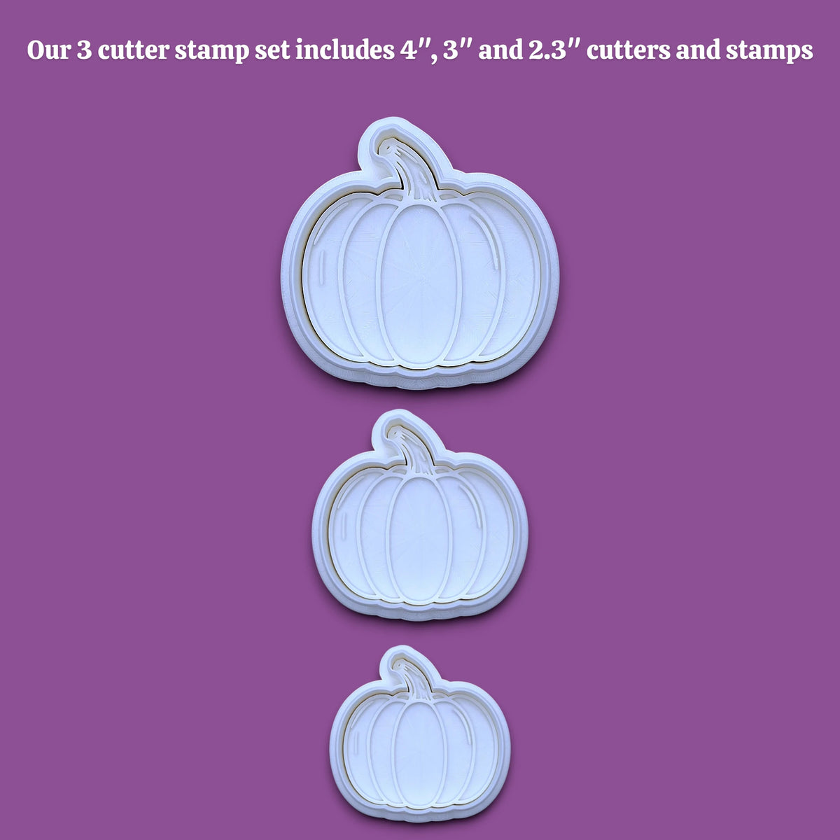 Customizable pumpkin cookie cutter and stamp set, perfect for fall, Halloween, and Thanksgiving-themed baking or crafts.