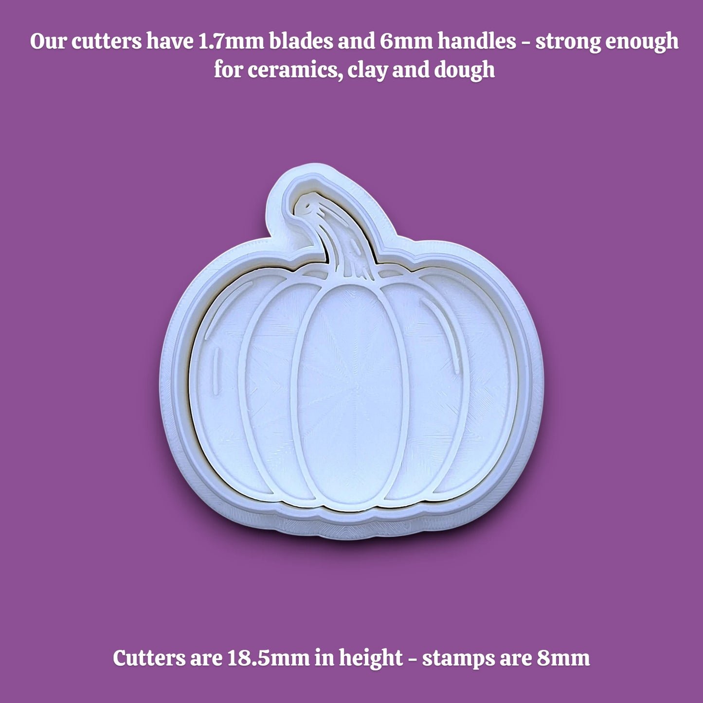 Customizable pumpkin cookie cutter and stamp along with dimensions, perfect for fall, Halloween, and Thanksgiving-themed baking or crafts.