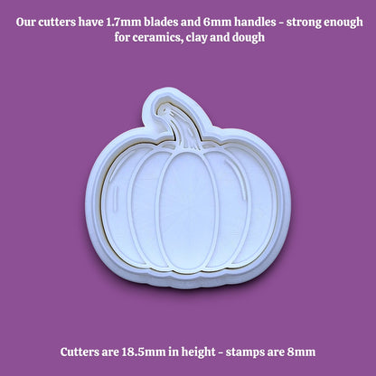 Customizable pumpkin cookie cutter and stamp along with dimensions, perfect for fall, Halloween, and Thanksgiving-themed baking or crafts.