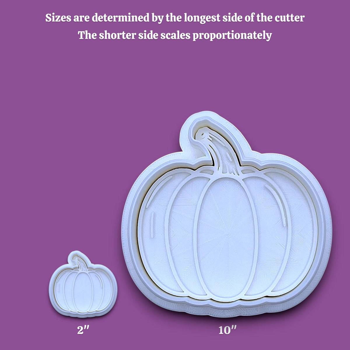 Customizable pumpkin cookie cutters and stamps along with a sizing guide, perfect for fall, Halloween, and Thanksgiving-themed baking or crafts.