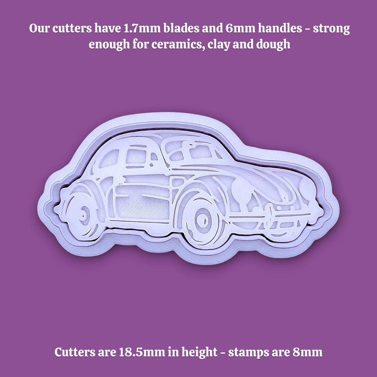 Vintage punch buggy car cookie cutter with stamp alongside dimensions for the cutter handles and stamp, perfect for car themed birthdays, ceramics, ornaments and clay projects.