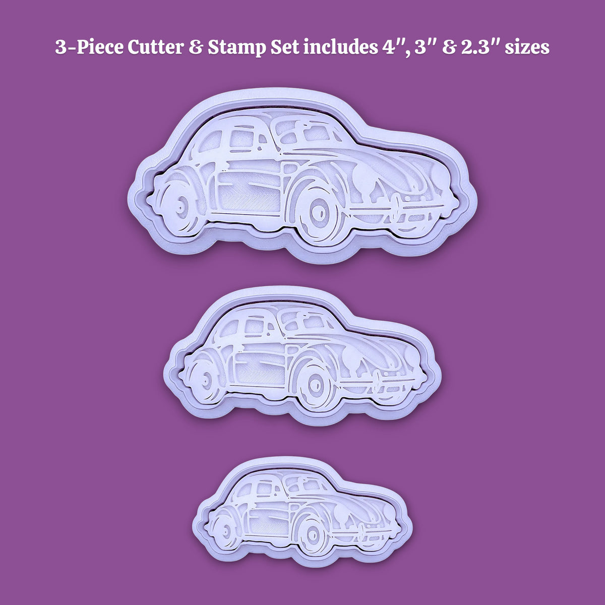 Vintage punch buggy car cookie cutter stamp set, perfect for car themed birthdays, ceramics, ornaments and clay projects.