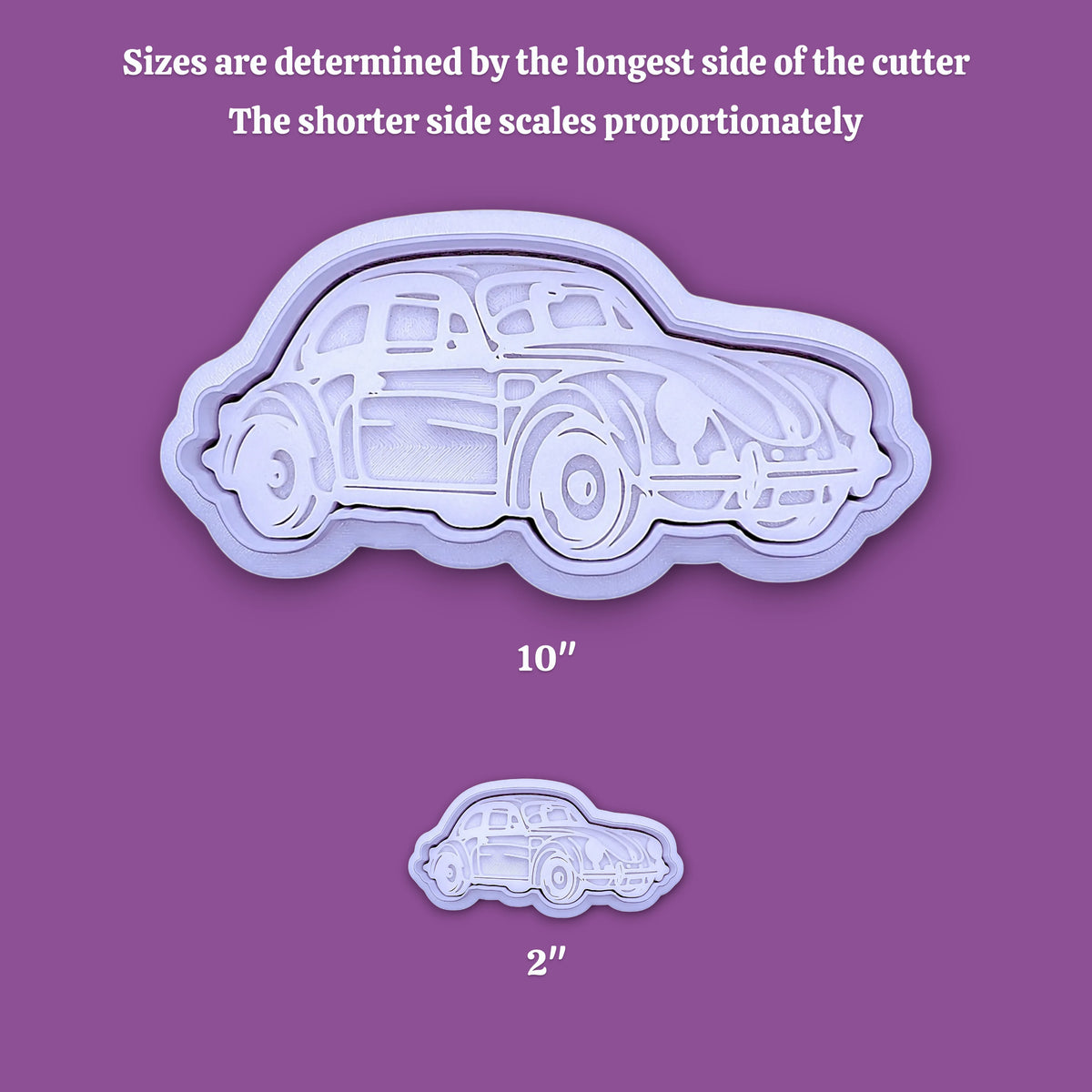 Vintage punch buggy car cookie cutters with stamps alongside a sizing guide, perfect for car themed birthdays, ceramics, ornaments and clay projects.