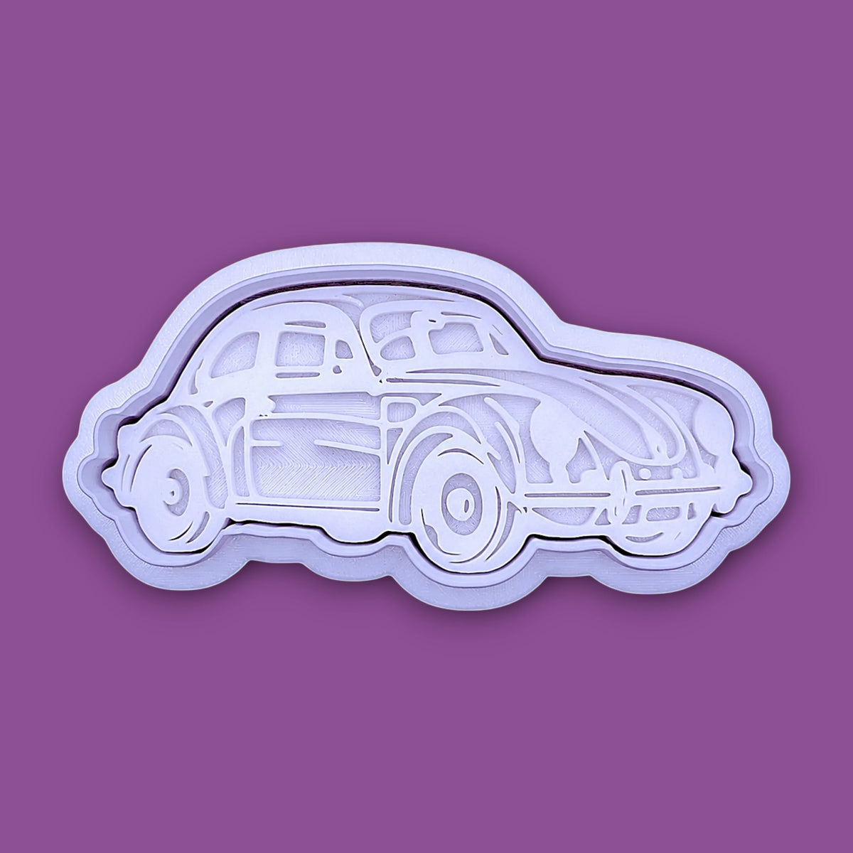 Vintage punch buggy car cookie cutter with stamp, perfect for car themed birthdays, ceramics, ornaments and clay projects.
