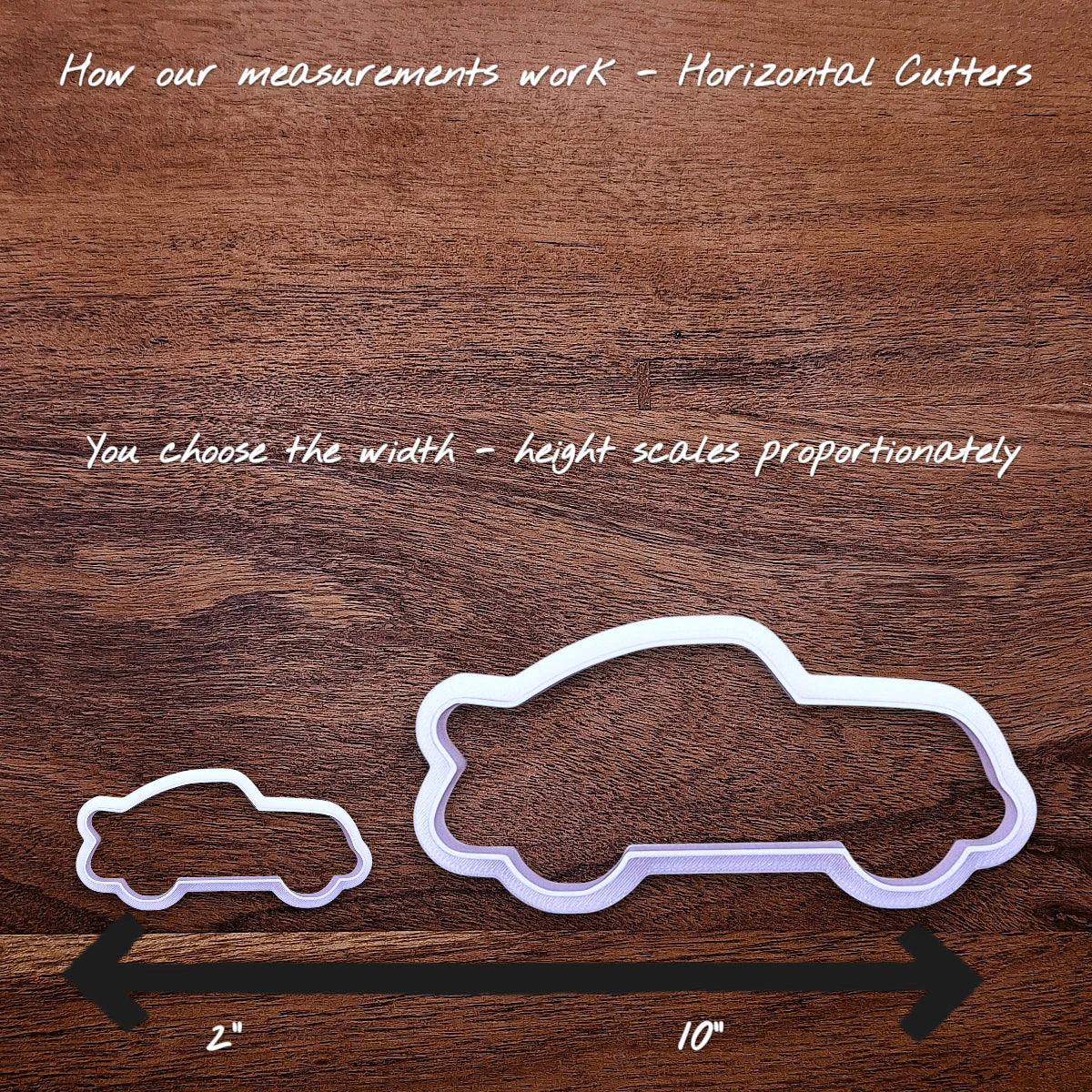 Sizing guide for the racecar cookie cutter, showing how increasing and decreasing the sizes work.
