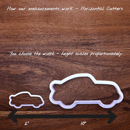 Sizing guide for the racecar cookie cutter, showing how increasing and decreasing the sizes work.