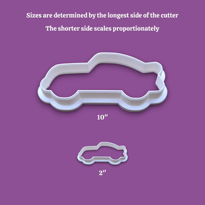 Photo guide showing how our cookie cutter sizing works for the racecar cookie cutter.
