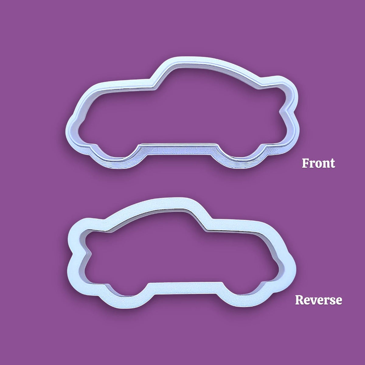 Racecar cookie cutter shown with both the front and reverse design, perfect for racing-themed birthday treats, car cookies, or fun fondant decorations.