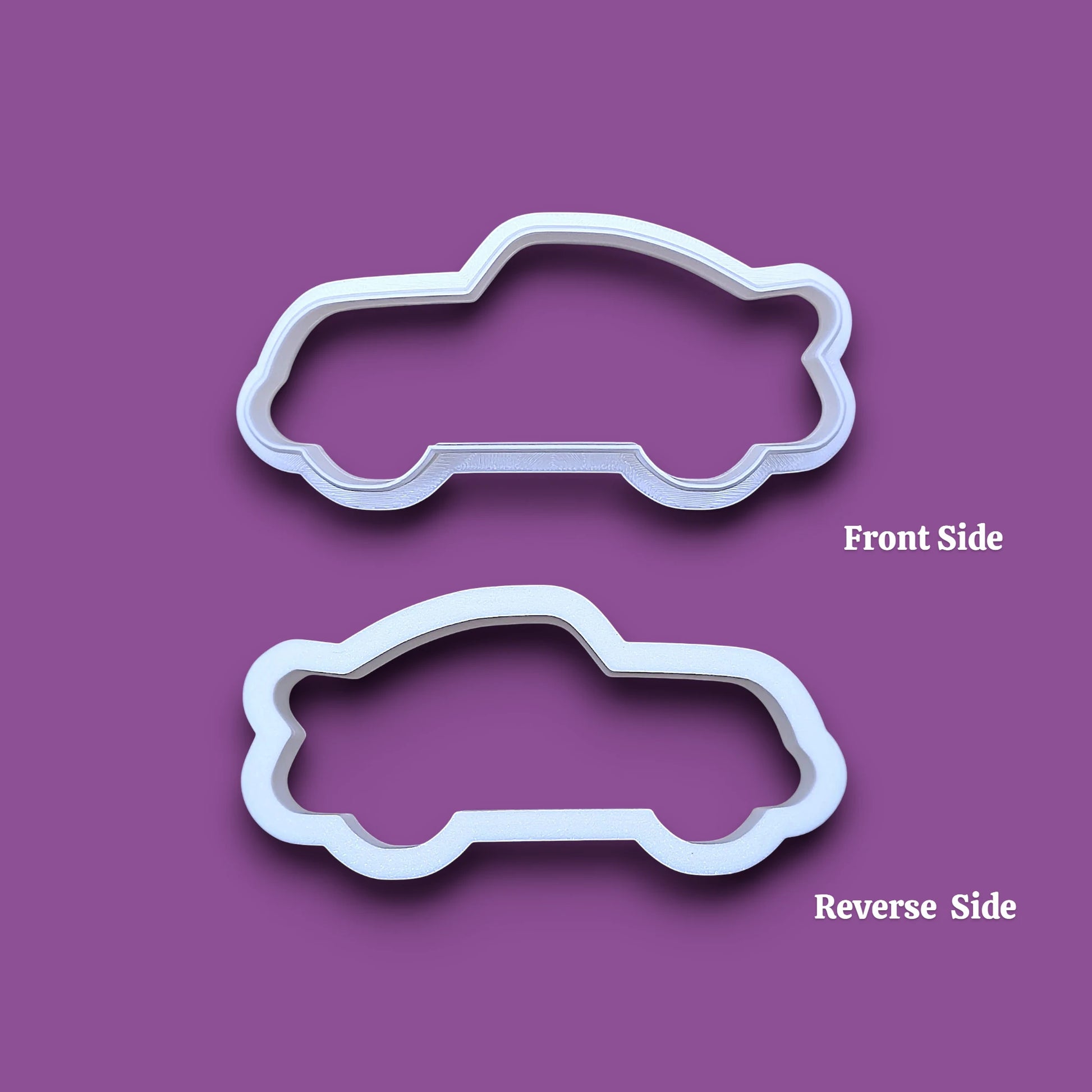 Racecar cookie cutter shown with both the front and reverse design, perfect for racing-themed birthday treats, car cookies, or fun fondant decorations.
