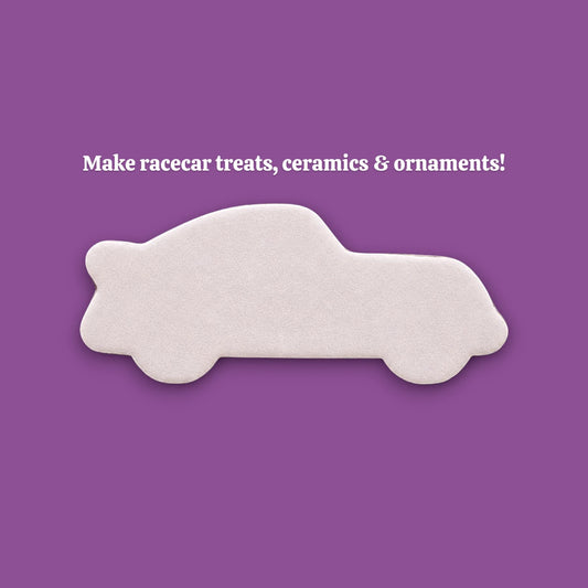 Racecar cookie cutter dough cutout, ideal for bakers looking for racecar-themed baking tools and cutters.