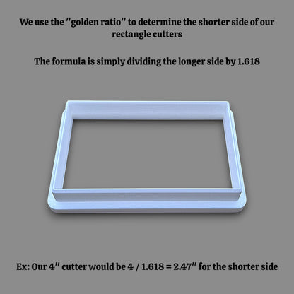 A rectangle cookie cutter shown on a gray background with explanatory text about using the golden ratio and dividing the longer side by 1.618 to determine the shorter side.
