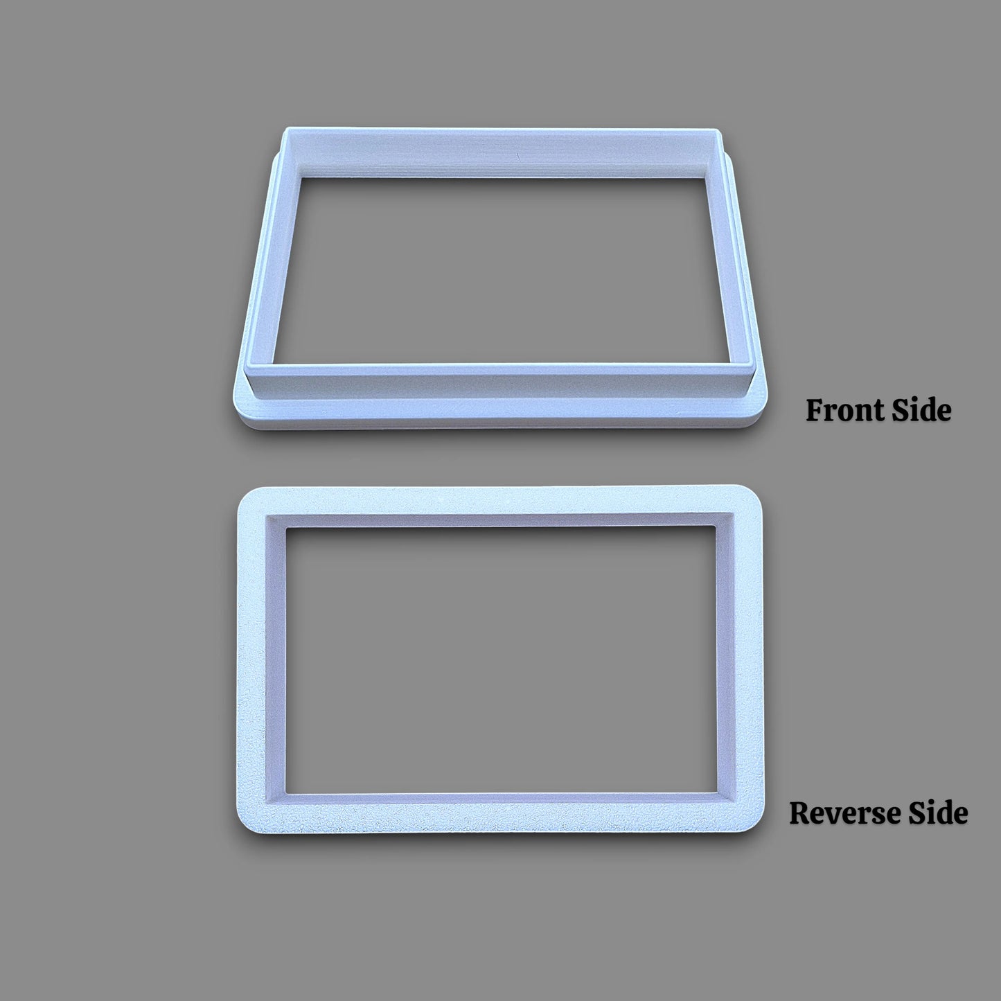 A rectangular cookie cutter on a gray background, labeled 'Front Side' and 'Reverse Side' to indicate the two sides of the product.