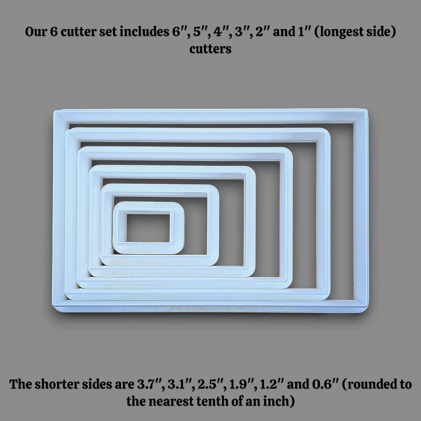 Six nested rectangular cookie cutters in different sizes, shown on a solid gray background with black text describing the cutter set sizes.