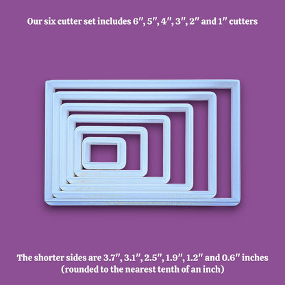 Six nested rectangular cookie cutters in different sizes, shown on a purple background with text describing the cutter set sizes.