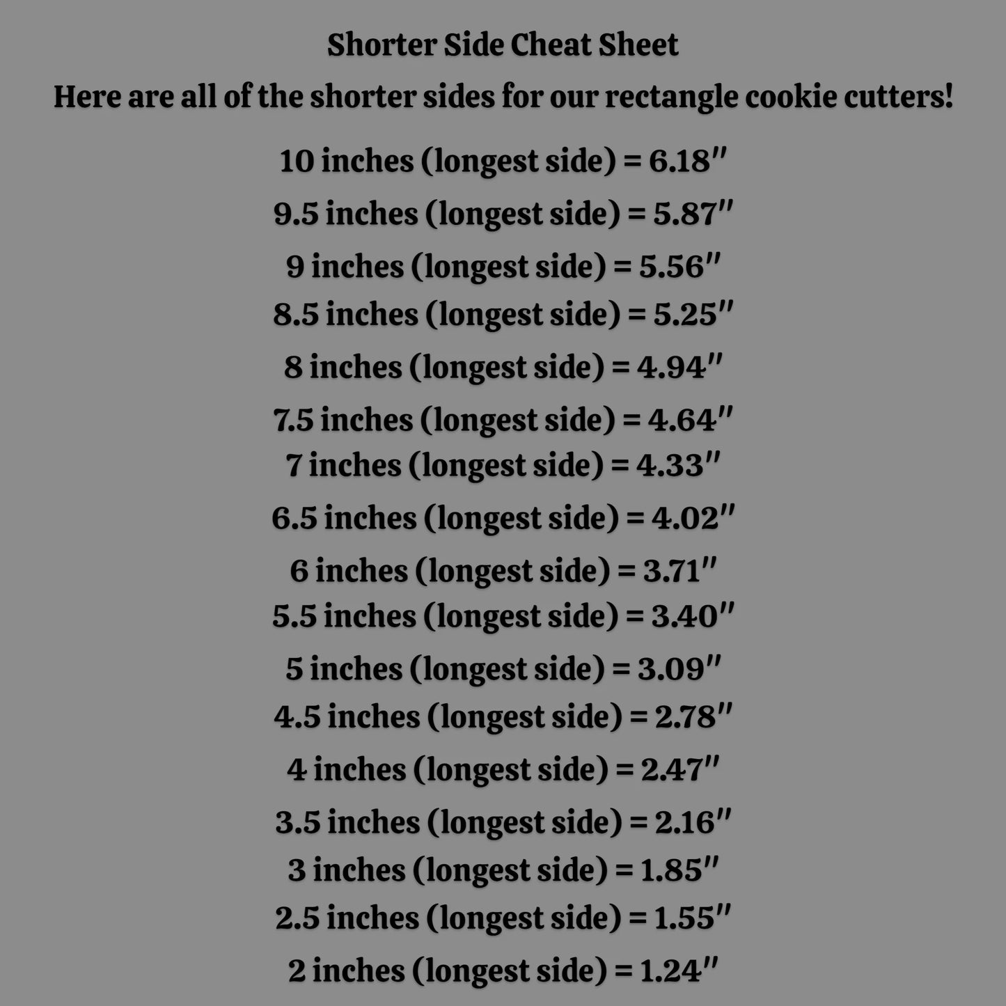 A digital cheat sheet listing shorter side measurements for rectangle cookie cutters, with black text on a dark gray background.