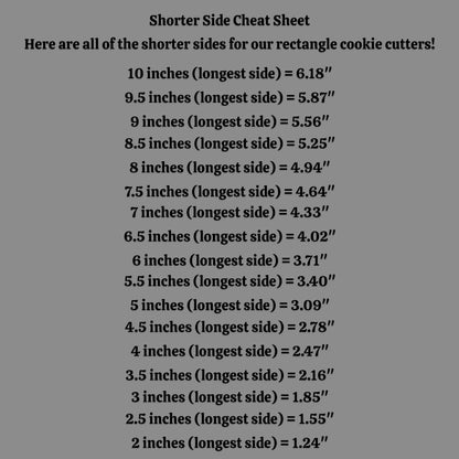 A digital cheat sheet listing shorter side measurements for rectangle cookie cutters, with black text on a dark gray background.