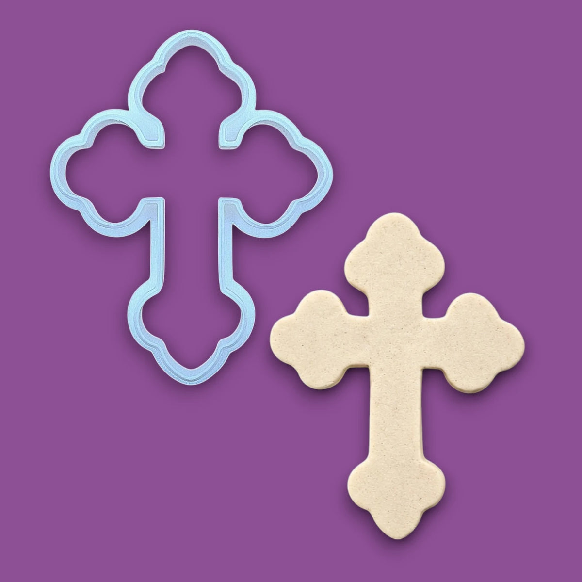 Cross cookie cutter alongside a dough cutout, perfect for Easter, Christmas, baptism and VBS treats. Can be used for fondant, cookies, clay, ceramics and biscuits.