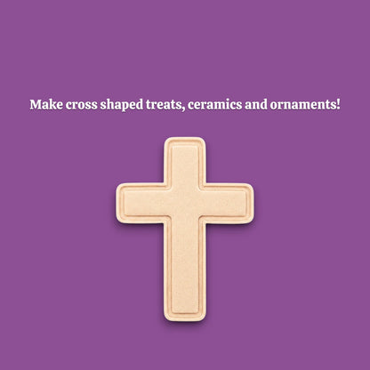 Cross cookie cutter dough cutout and imprint for making detailed religious cookies, perfect for Easter, communion, or church gatherings.