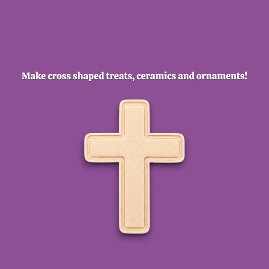 Cross cookie cutter dough cutout and imprint for making detailed religious cookies, perfect for Easter, communion, or church gatherings.