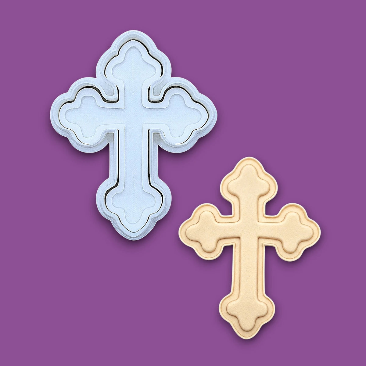 Cross cookie cutter and stamp alongside a dough cutout and imprint, perfect for Easter, Christmas, baptism and VBS treats. Can be used for fondant, cookies, clay, ceramics and biscuits.