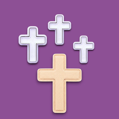 Four cross-shaped cookie cutters with stamps alongside a dough cutout and imprint, perfect for VBS, Easter and holiday treats.