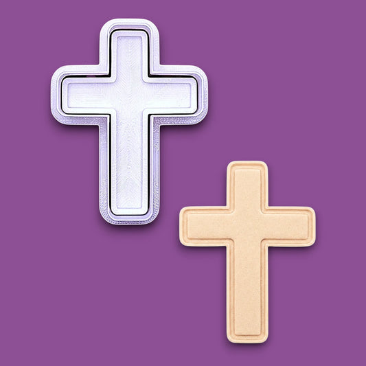 Cross cookie cutter and stamp with dough cutout and imprint for making detailed religious cookies, perfect for Easter, communion, or church gatherings.