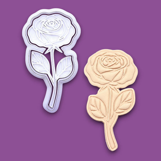 Handmade and customizable Rose Cookie Cutter and Stamp alongside a dough cutout and imprint, perfect for spring events, romantic weddings, or special occasions.
