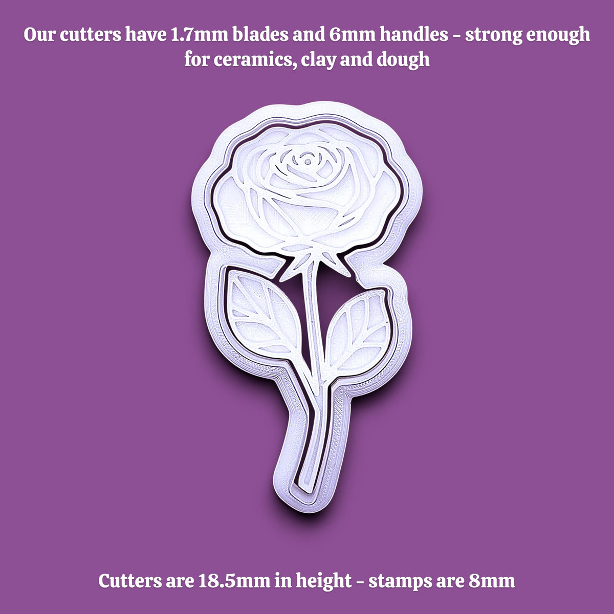 A rose-shaped metal cutter with 1.7mm blades and 6mm handles, shown on a solid purple background with white text detailing product measurements and strength.
