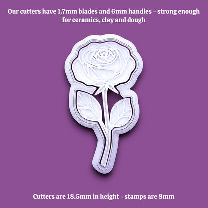 A rose-shaped metal cutter with 1.7mm blades and 6mm handles, shown on a solid purple background with white text detailing product measurements and strength.