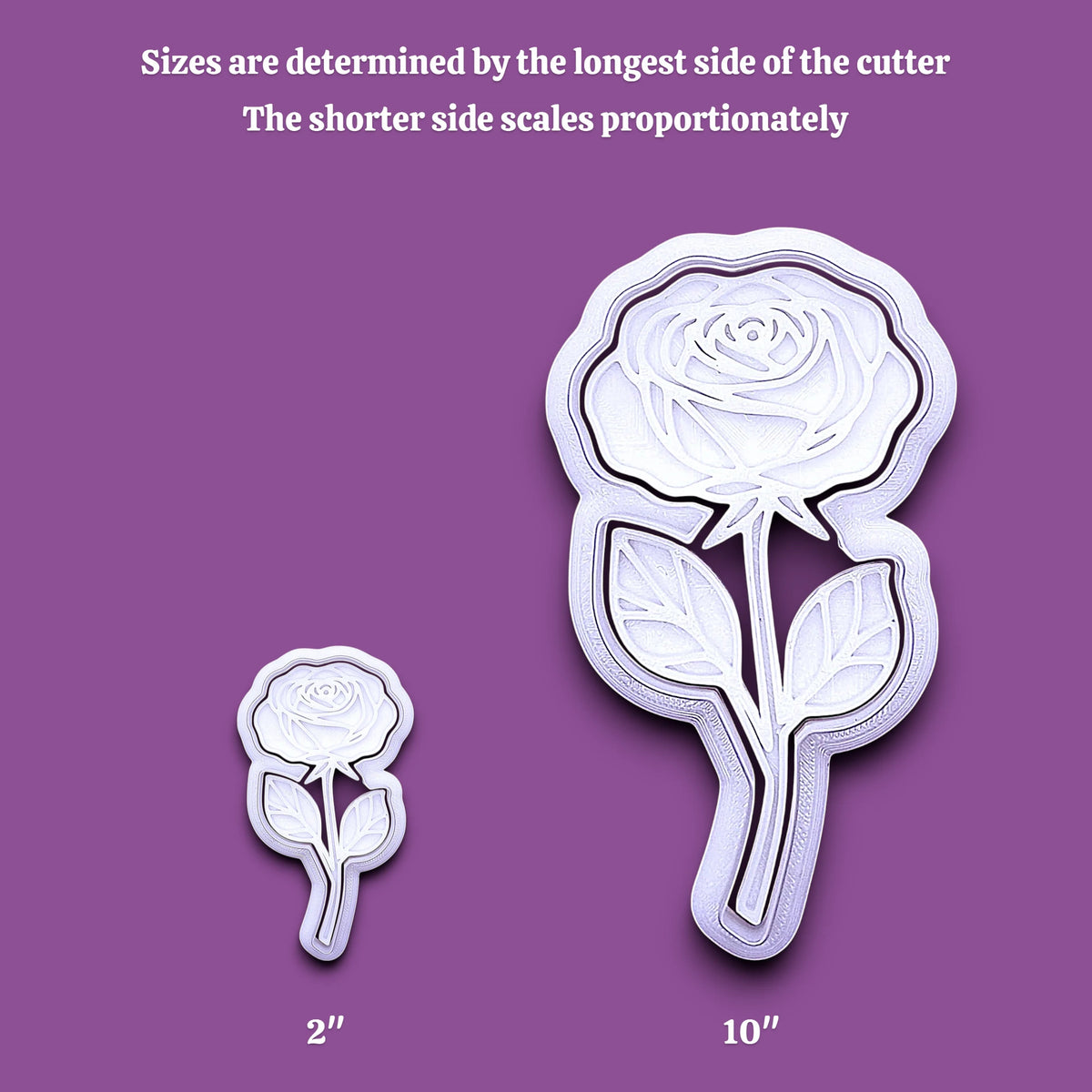 Two white rose-shaped cookie cutters shown on a purple background, with text explaining size determination and labels for 2-inch and 10-inch sizes.