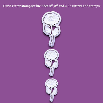 Three white rose-shaped cutter stamps shown vertically on a purple background, with white text at the top reading 'Our 3 cutter stamp set includes 4", 3", and 2.3" cutters and stamps'.