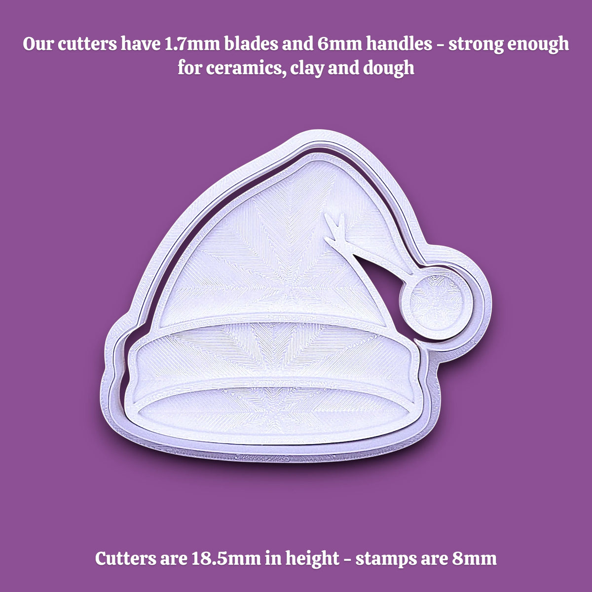 Santa hat cookie cutter and stamp alongside cutter and stamp dimensions, perfect for Christmas cookies, festive fondant toppers, or Xmas holiday crafts.