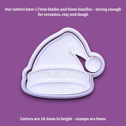 Santa hat cookie cutter and stamp alongside cutter and stamp dimensions, perfect for Christmas cookies, festive fondant toppers, or Xmas holiday crafts.