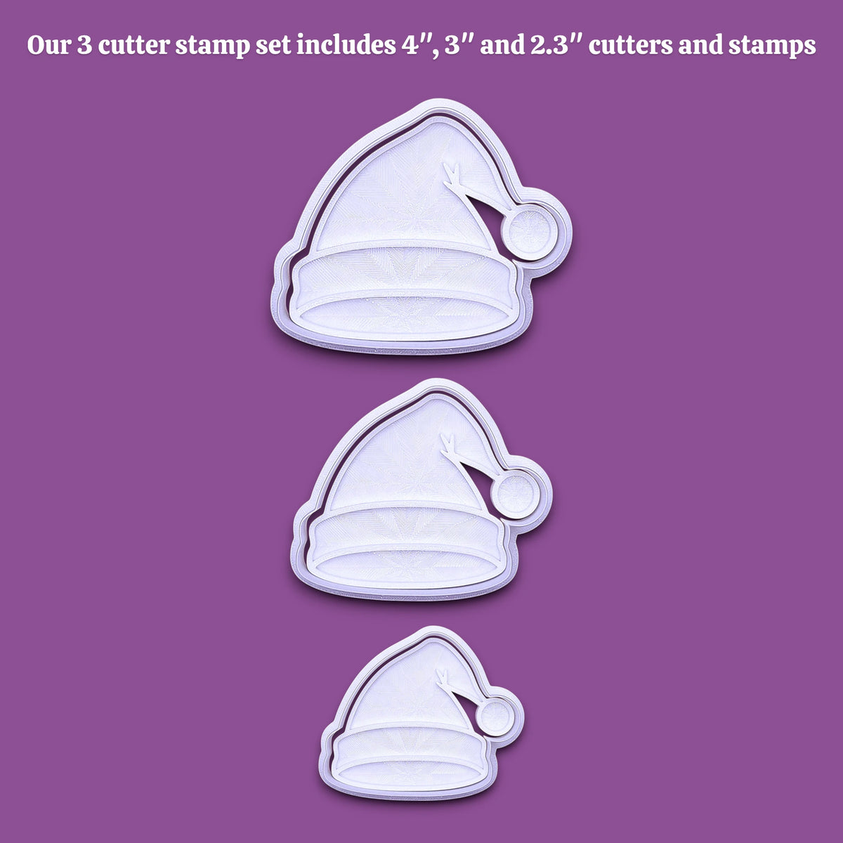 Santa hat cookie cutter and stamp set in three sizes, perfect for Christmas cookies, festive fondant toppers, or Xmas holiday crafts.