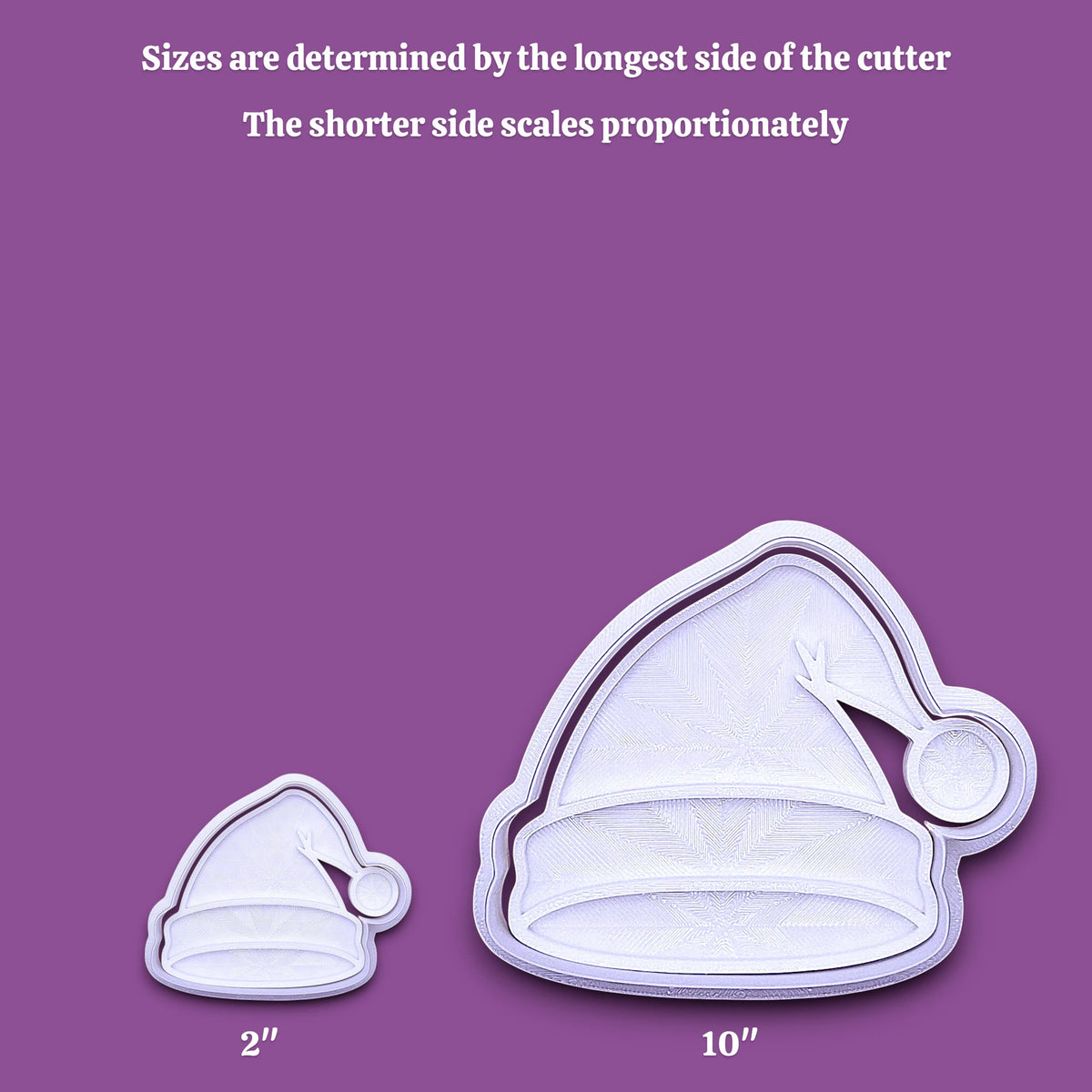Photo guide showing how our Santa hat cookie cutter sizing works for different shapes of cookie cutters and stamps.