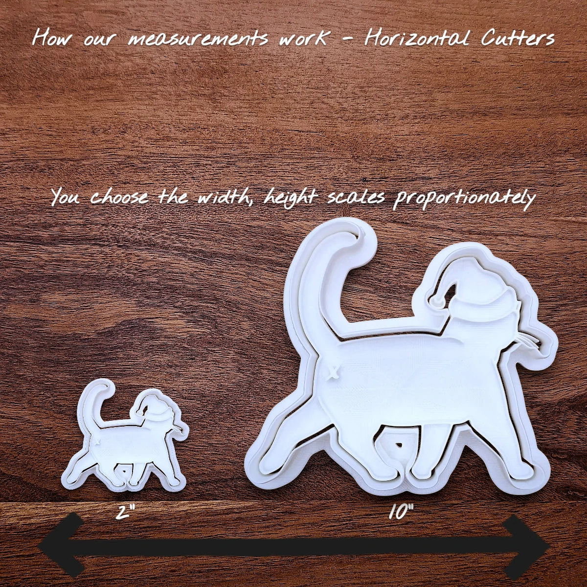 Sizing guide for the Cat Butt Santa Hat cookie cutter showing how scaling works for horizontal cookie cutters.
