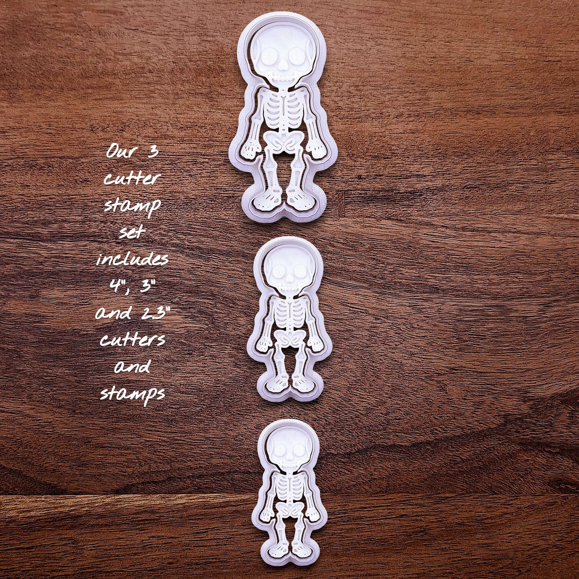 Handmade and customizable skeleton cookie cutter and stamp set in 3 sizes, great for spooky baking, Halloween parties, and science-themed treats.