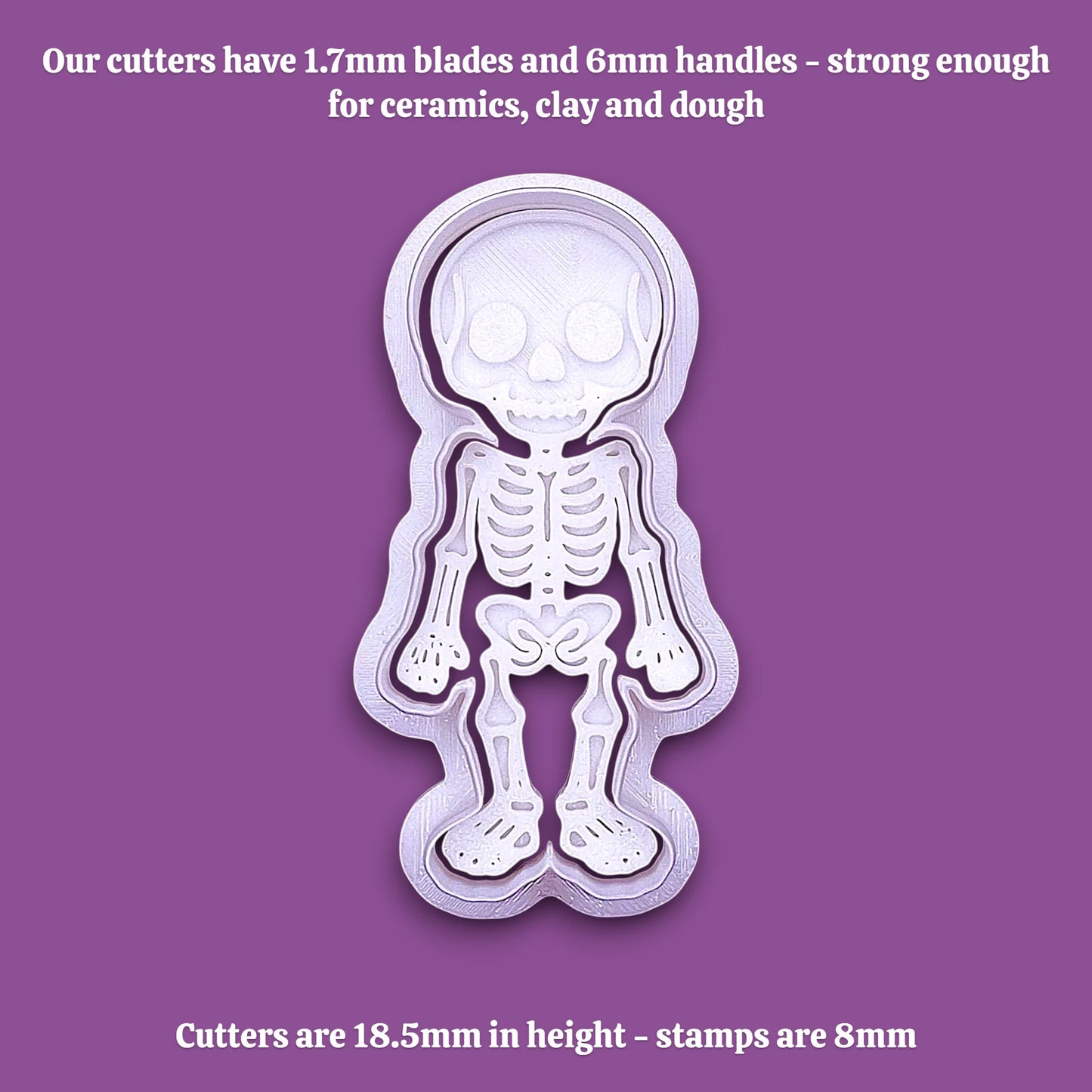 A white plastic skeleton-shaped cookie cutter shown on a solid purple background, with white text at the top and bottom describing cutter dimensions and strength.