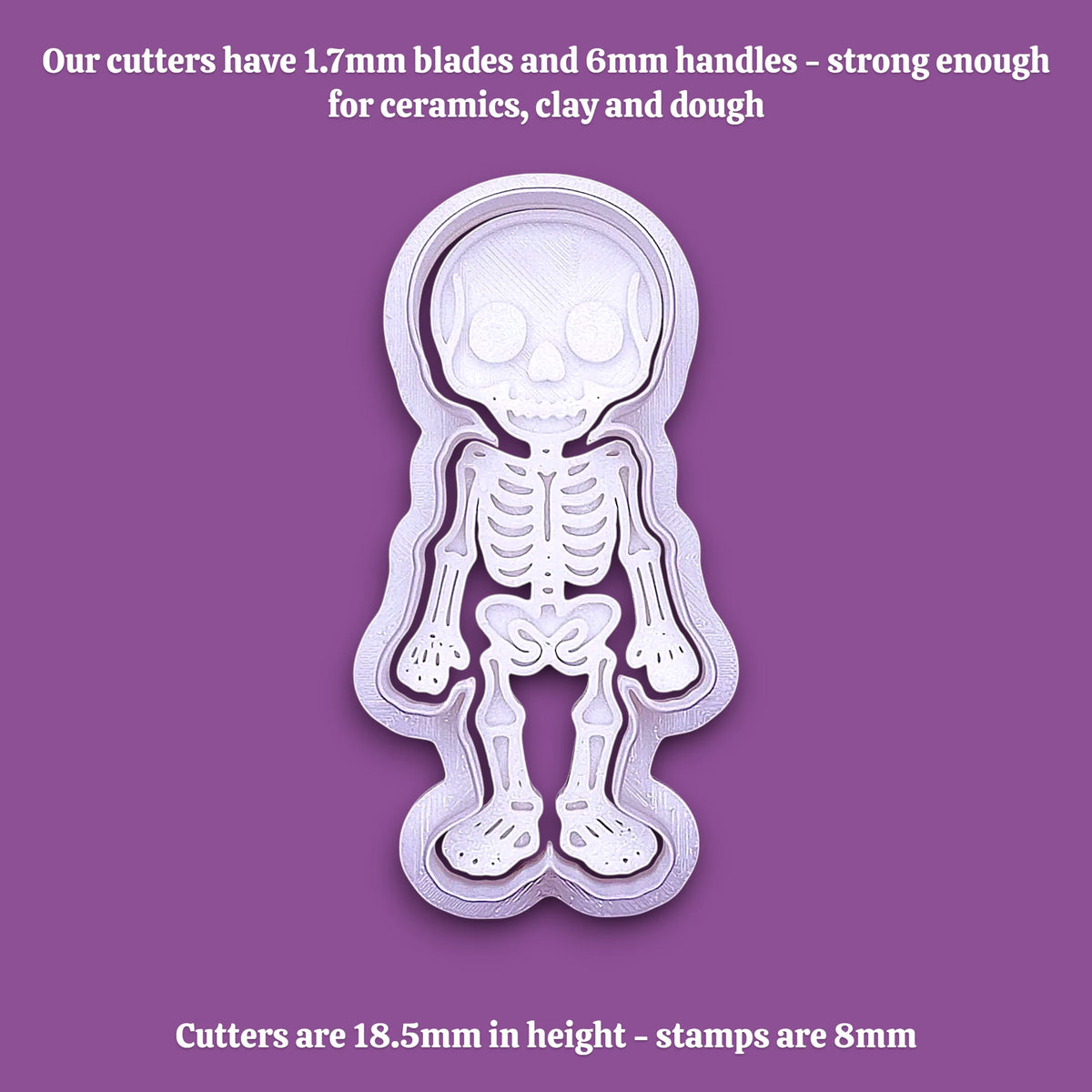 A white plastic skeleton-shaped cookie cutter shown on a solid purple background, with white text at the top and bottom describing cutter dimensions and strength.