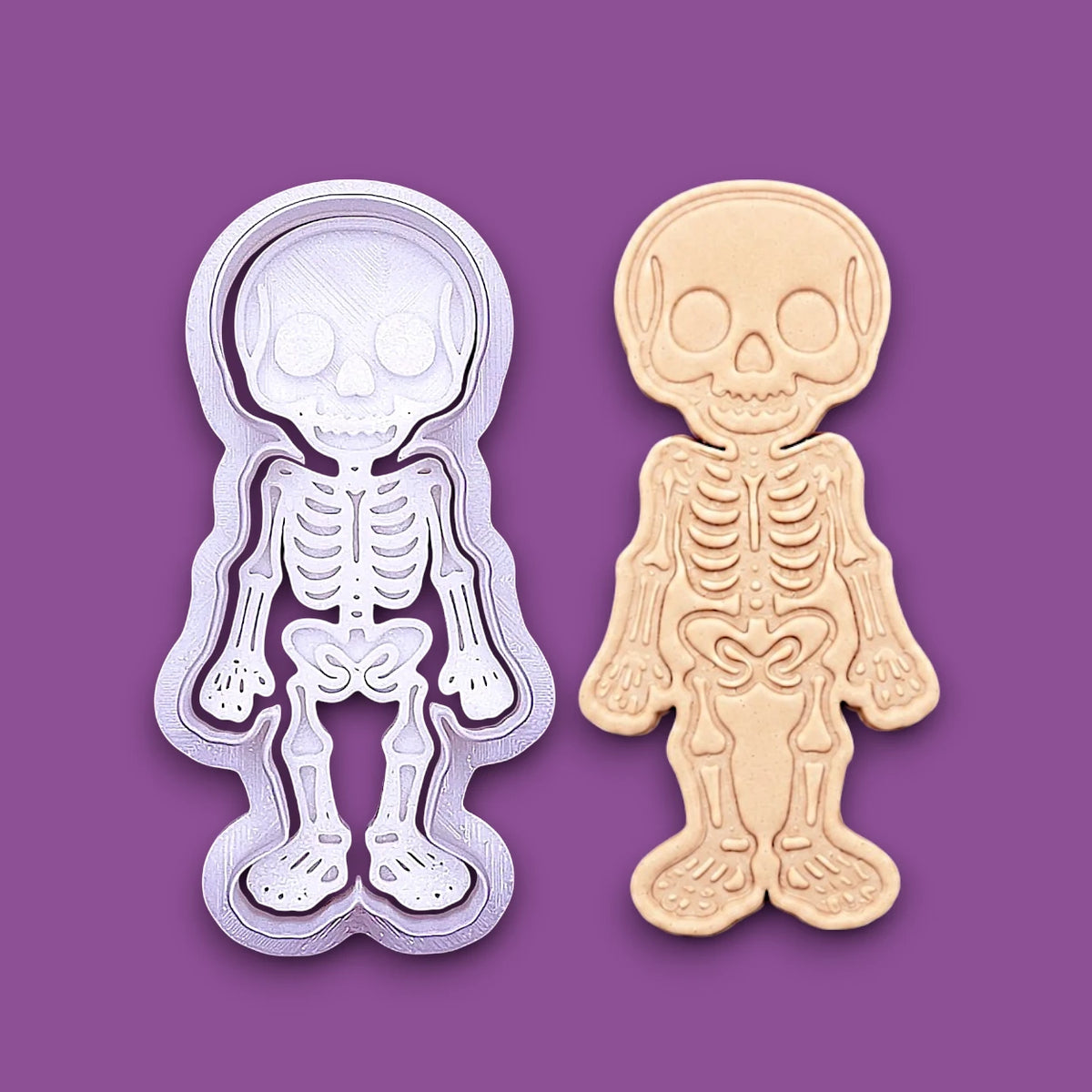 Handmade and customizable skeleton cookie cutter with matching bone stamp alongside a dough cutout and imprint. Ideal for ceramics, fondant, cookies and spooky trick or treats.