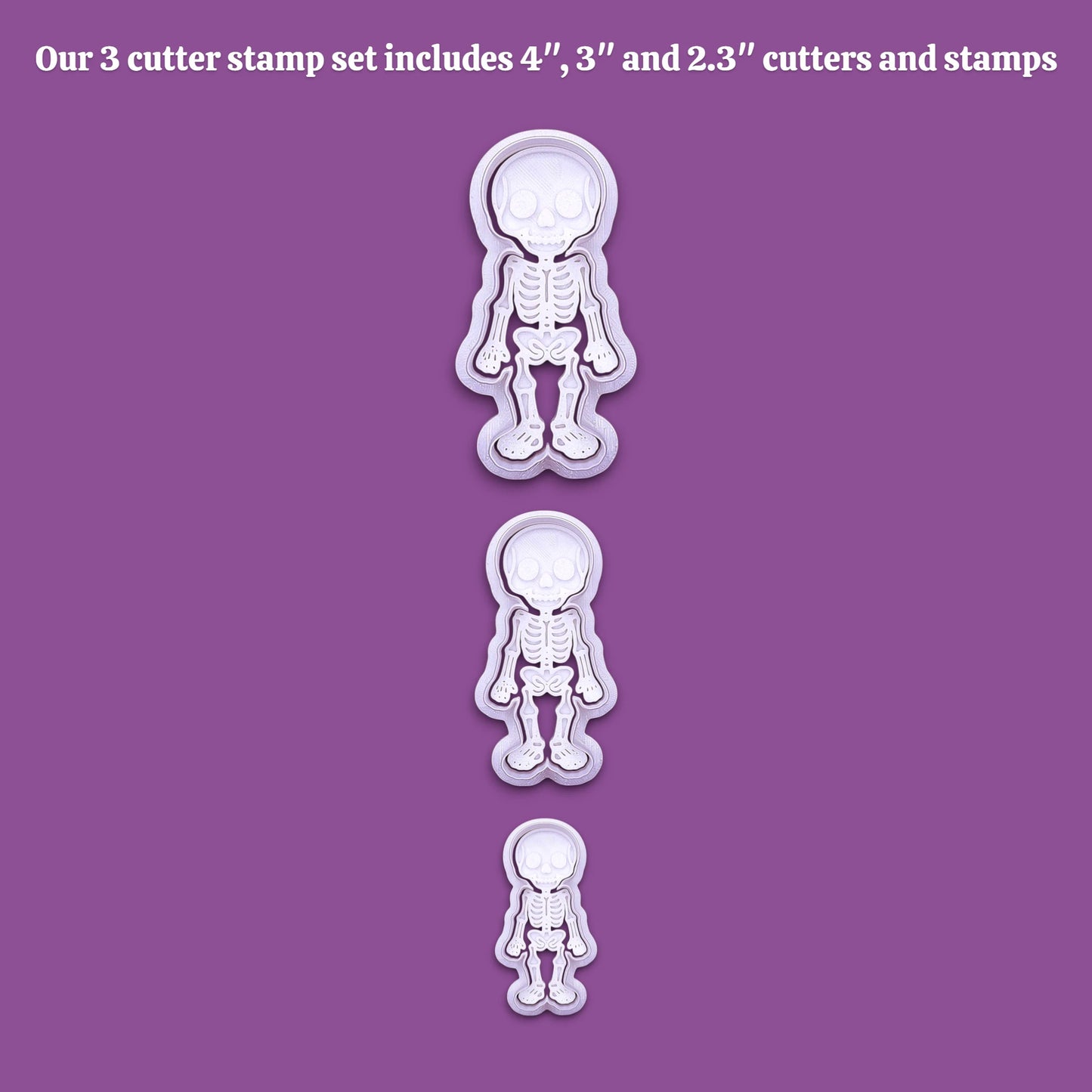 Handmade and customizable skeleton cookie cutter and stamp set in 3 sizes, great for spooky baking, Halloween parties, and science-themed treats.
