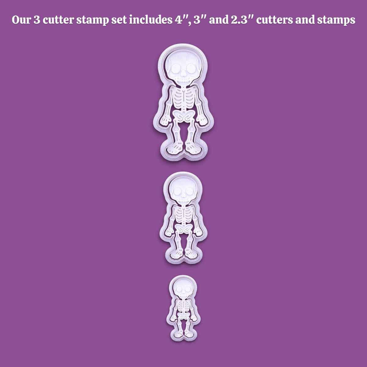 Handmade and customizable skeleton cookie cutter and stamp set in 3 sizes, great for spooky baking, Halloween parties, and science-themed treats.