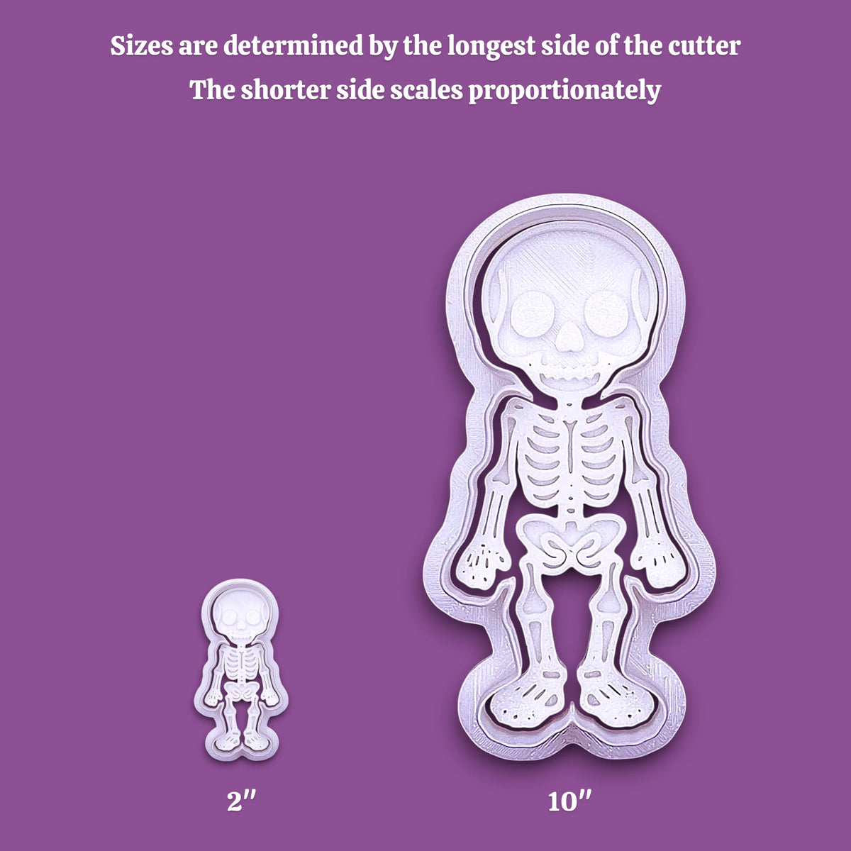 A purple informational graphic showing a white skeleton-shaped cutter in two sizes, with text at the top reading 'Sizes are determined by the longest side of the cutter' and size labels '2"' and '10"' below the cutter.