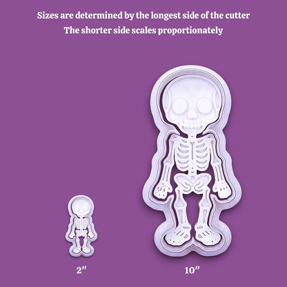 A purple informational graphic showing a white skeleton-shaped cutter in two sizes, with text at the top reading 'Sizes are determined by the longest side of the cutter' and size labels '2"' and '10"' below the cutter.