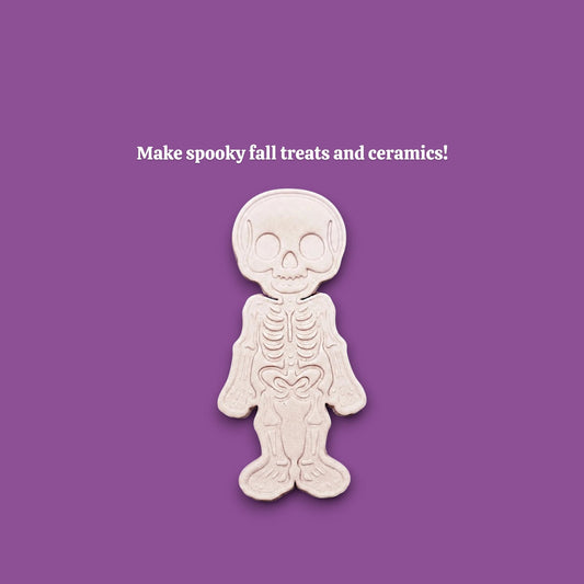 Stamped skeleton cookie dough with bone details. Perfect for Halloween cookies or creepy edible crafts.