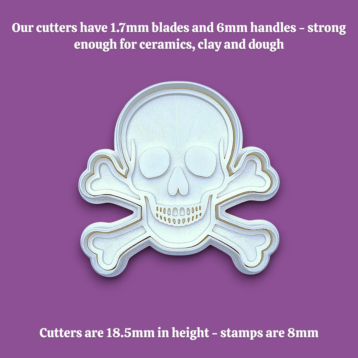 Skull and bones cookie cutter with stamp alongside dimensions for the handle and stamp, perfect for beach parties, Halloween treats, under the sea treats and pirate themed birthdays.