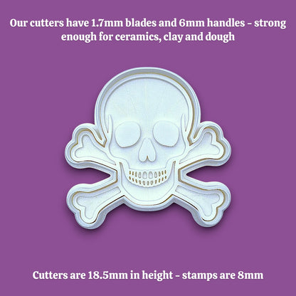 Skull and bones cookie cutter with stamp alongside dimensions for the handle and stamp, perfect for beach parties, Halloween treats, under the sea treats and pirate themed birthdays.
