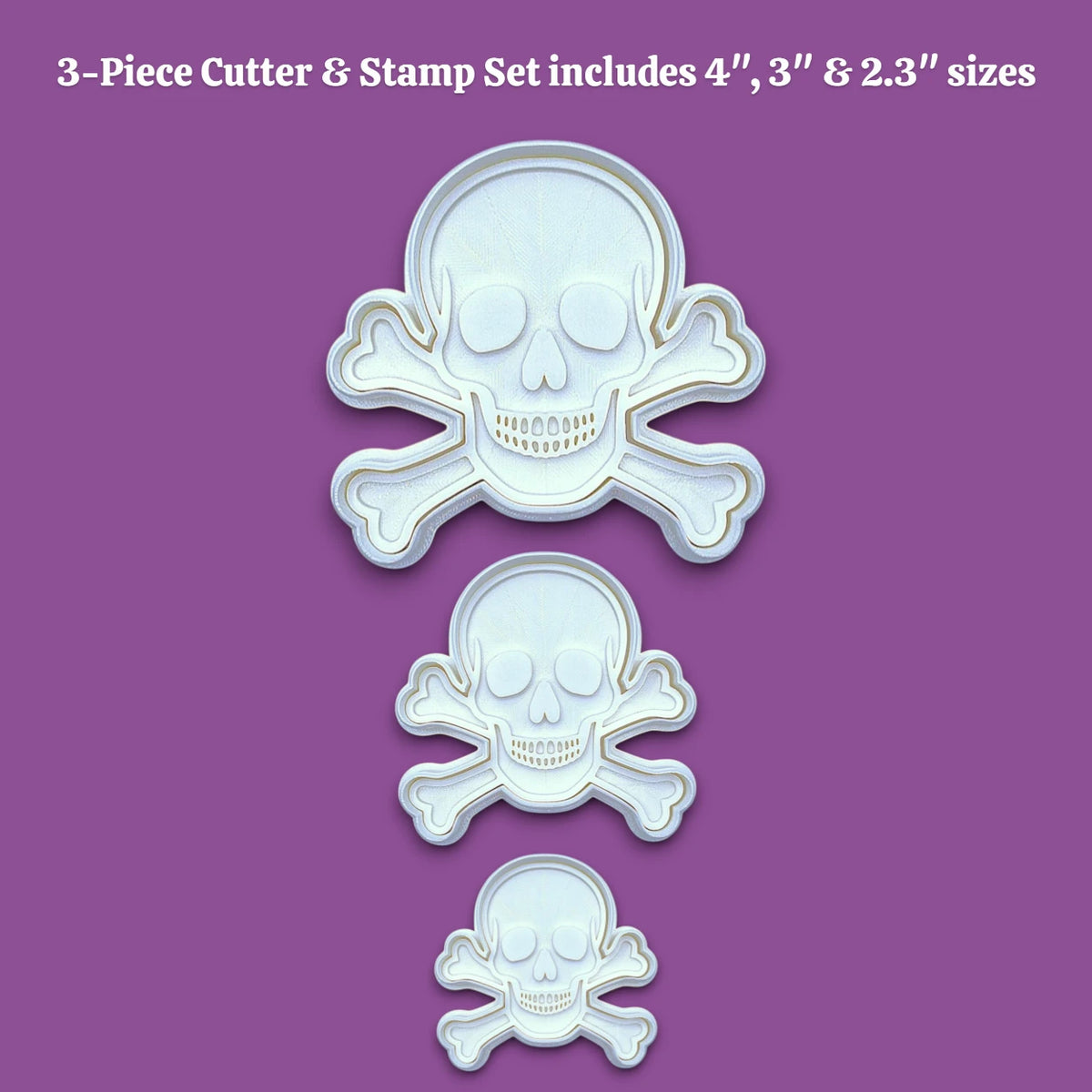 Skull and bones cookie cutter with stamp set, customizable in 30 unique colors and handmade, perfect for beach parties, Halloween treats, under the sea treats and pirate themed birthdays.