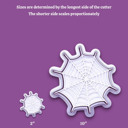 Photo guide showing how our cookie cutter sizing works for different shapes of spiderweb cookie cutters and stamps.